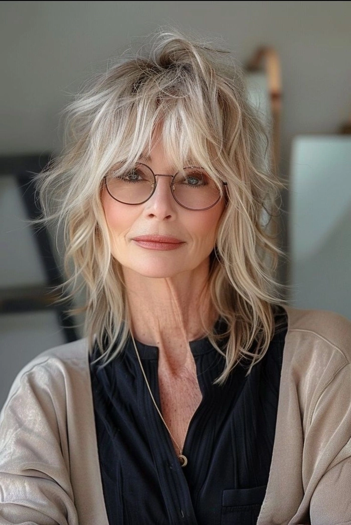 Modern shag haircut for a creative professional over forty with layered texture and soft waves