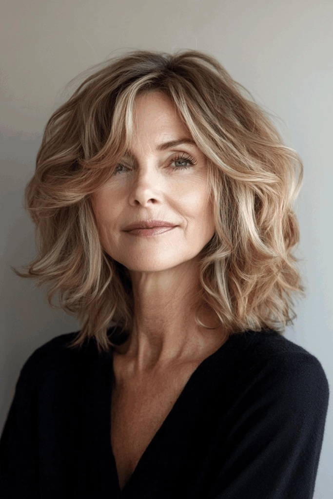 Modern shag haircut adaptation for creative professional over forty in a workplace setting