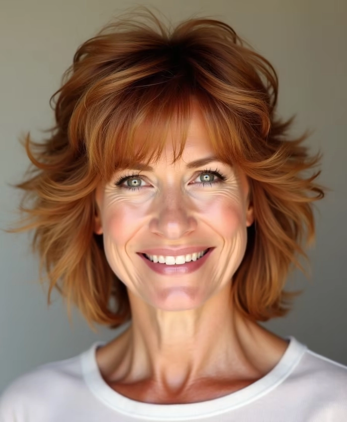 Creative professional over forty with modern shag hairstyle adaptation in a professional work setting