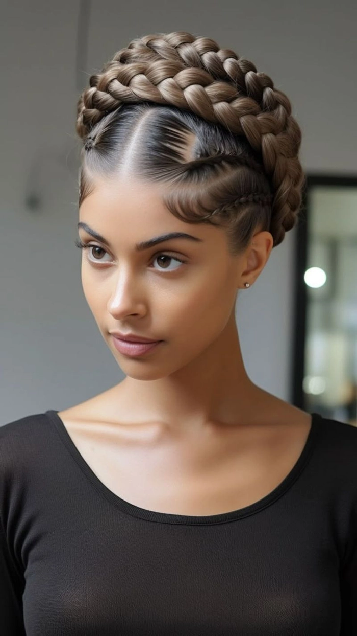 A neat braided crown hairstyle suitable for a conservative office setting