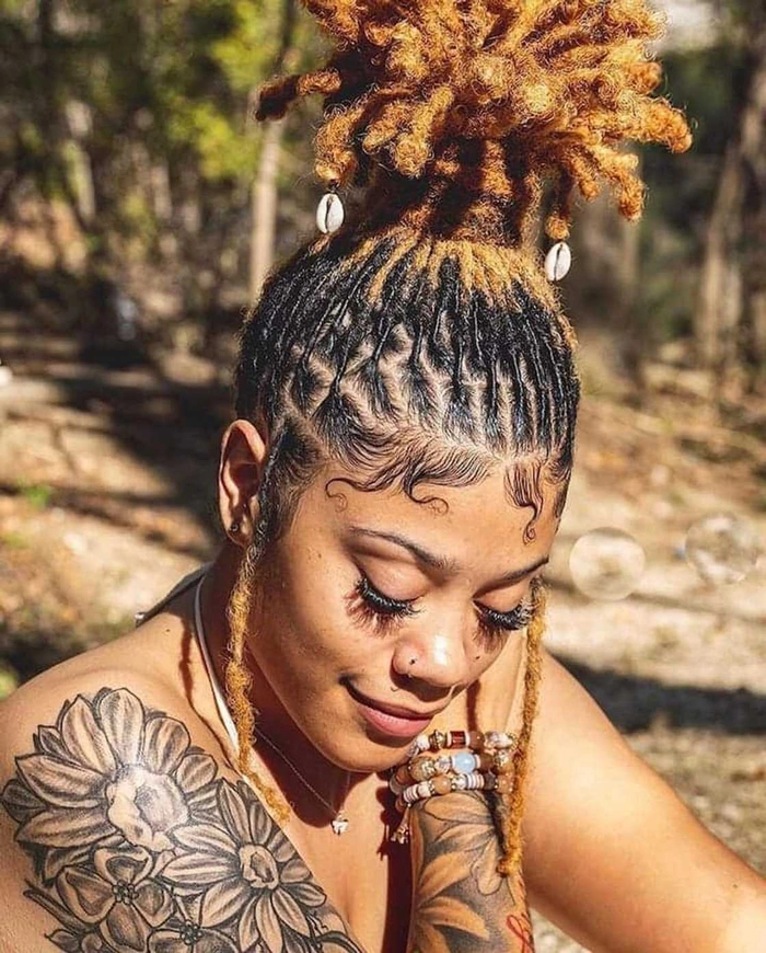 Neat loc updo hairstyle perfect for corporate work settings Elegant loc updo styled for a professional business meeting