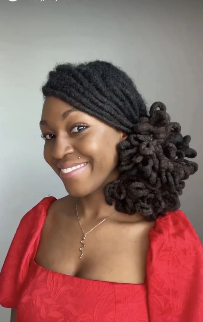 Elegant loc updo perfect for formal work meetings and conferences Professional neat loc updo hairstyle styled for a business meeting