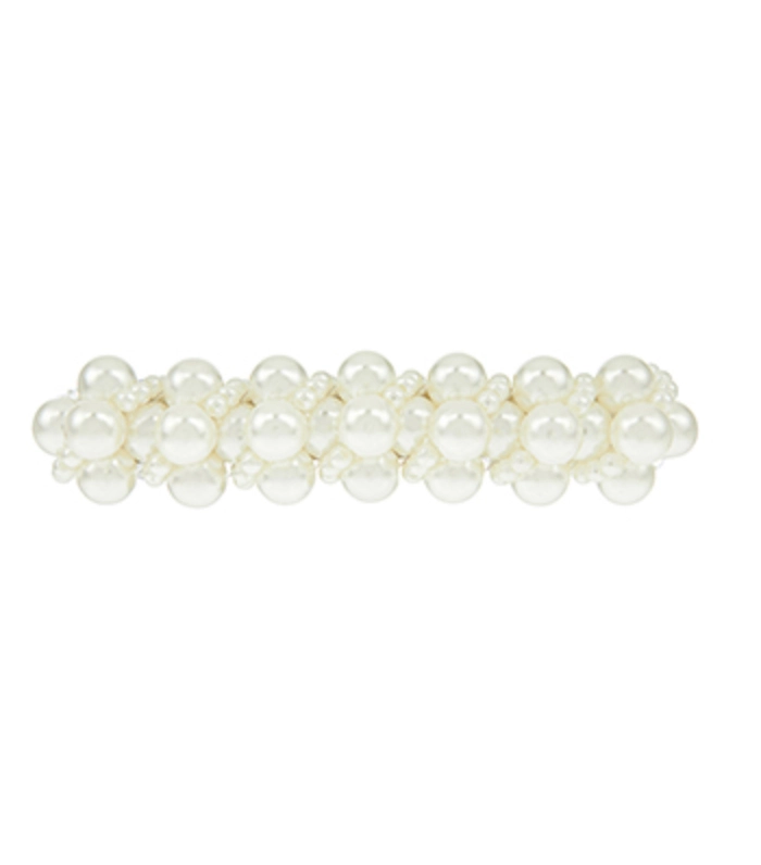 Pearl hair clip arrangement for corporate presentation hairstyle