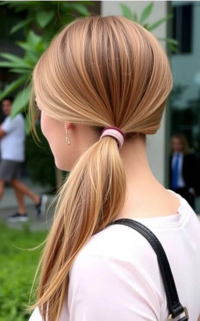 A sleek low ponytail with a side part suitable for professional client meetings.