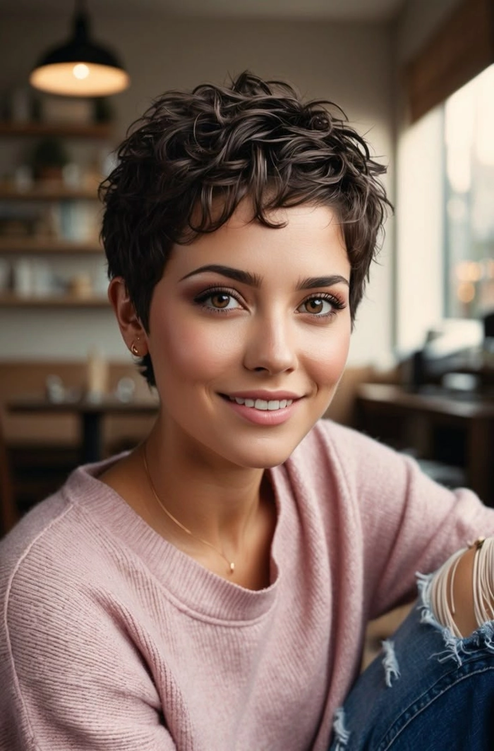 Elegant short pixie hairstyle ideal for a polished workplace look Sleek professional pixie cut with tapered back and side-swept bangs