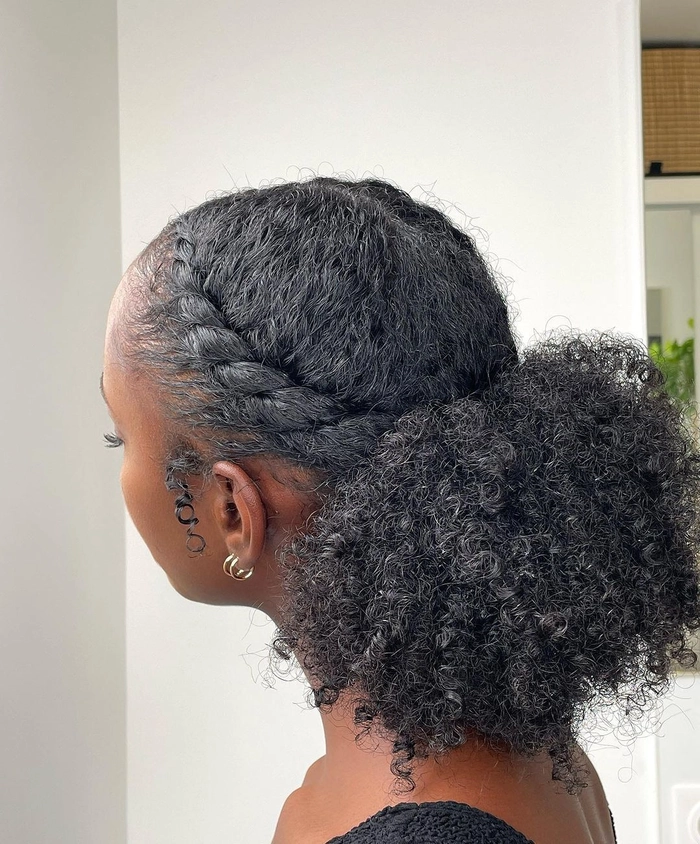Coily natural hair protective work style suitable for professional settings Protective work hairstyle for coily natural hair with twisted updo and neat edges