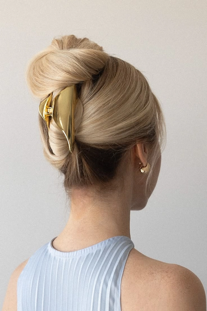 Quick claw clip updo for corporate casual Fridays, side view