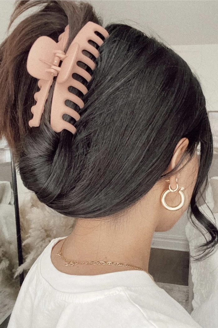 Professional claw clip updo for a corporate casual Friday look