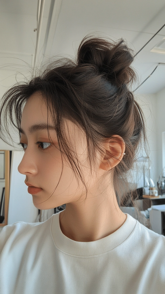 A woman with shoulder length hair styled in a quick office updo, suitable for a professional work environment