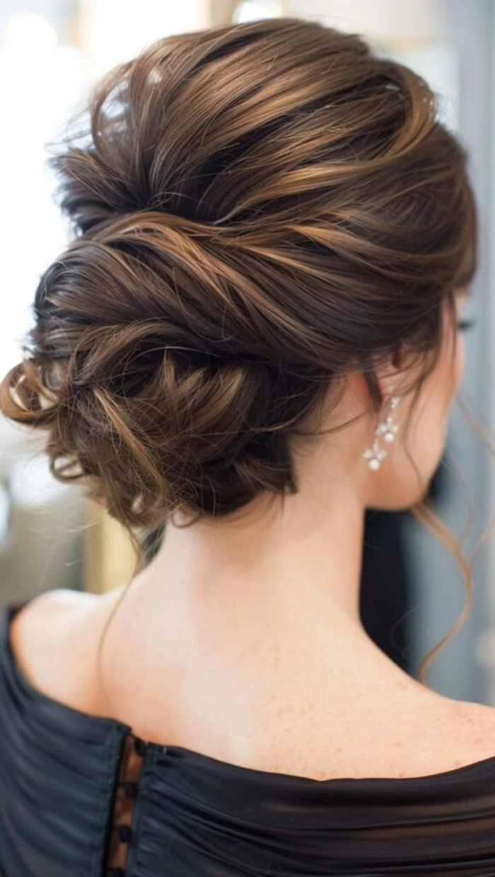Quick office updo for shoulder length hair, side view with visible hairpins