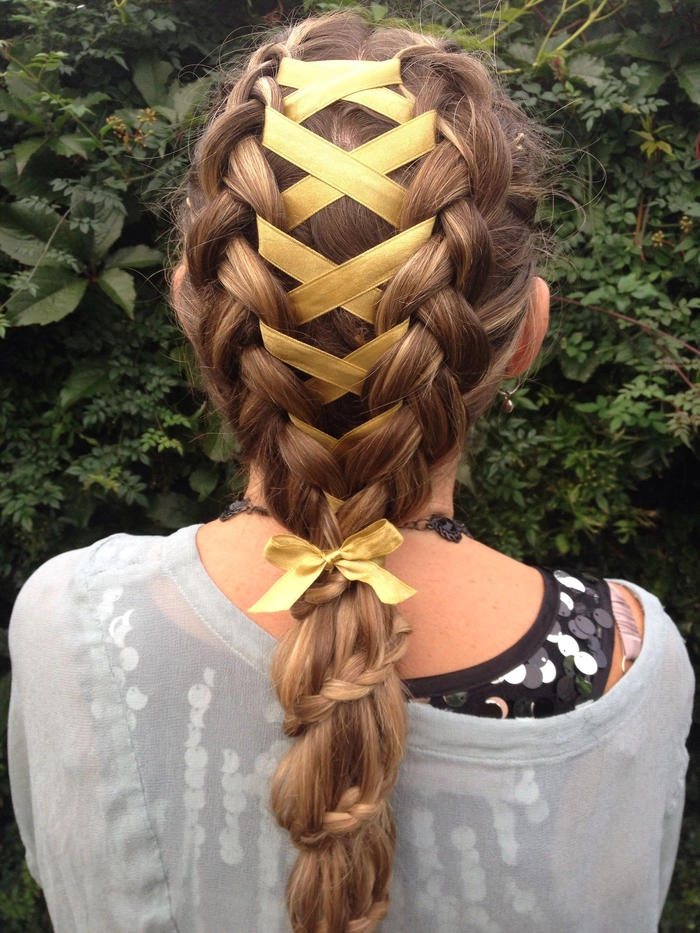 Step-by-step professional braid with woven ribbon accessory for work hairstyle inspiration