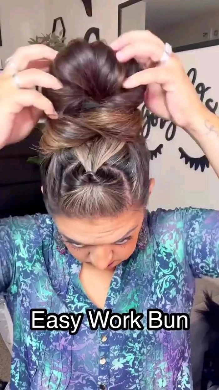 Elegant and practical bun for long hair in professional setting Secure work bun style for waist-length hair, view 5
