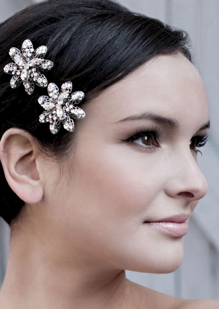 Elegant metallic hair clip styled on short professional bob hair