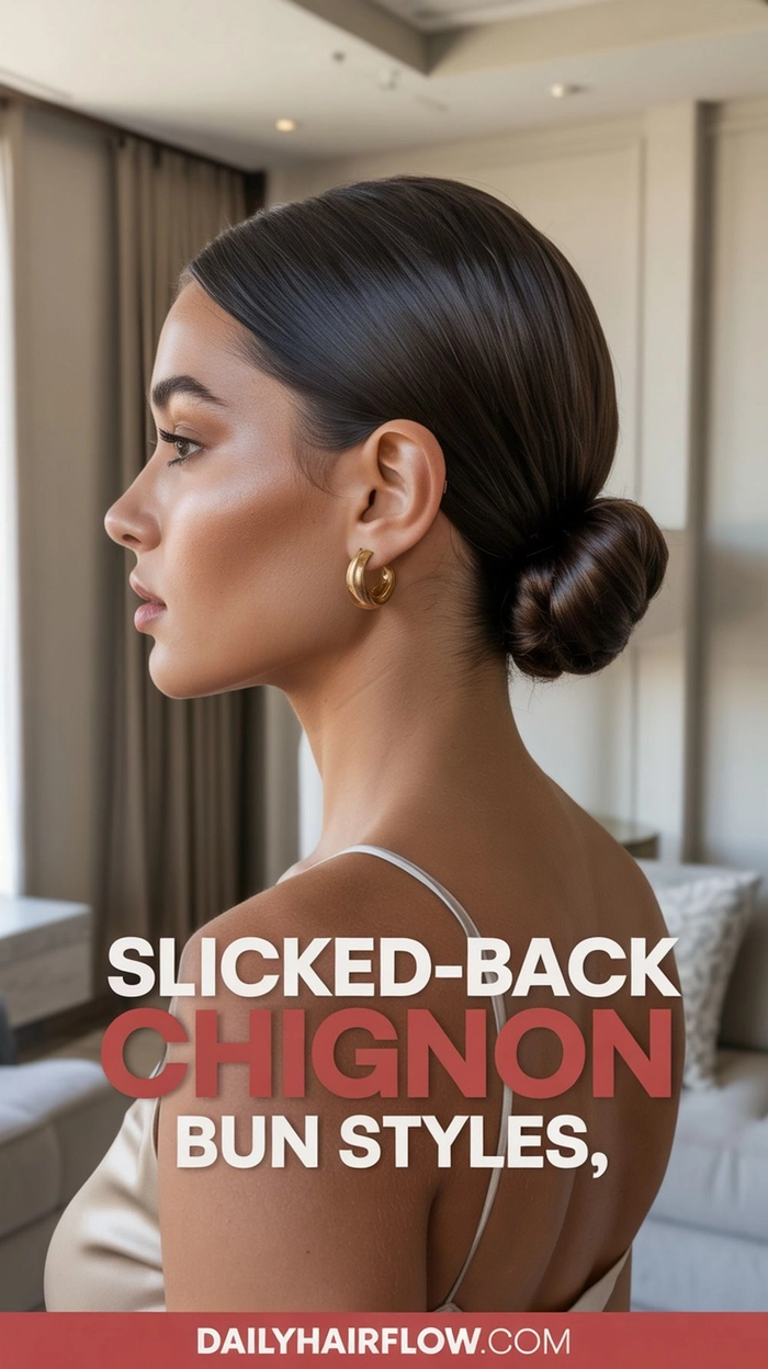 Sleek low bun with neat side part for professional job interview look