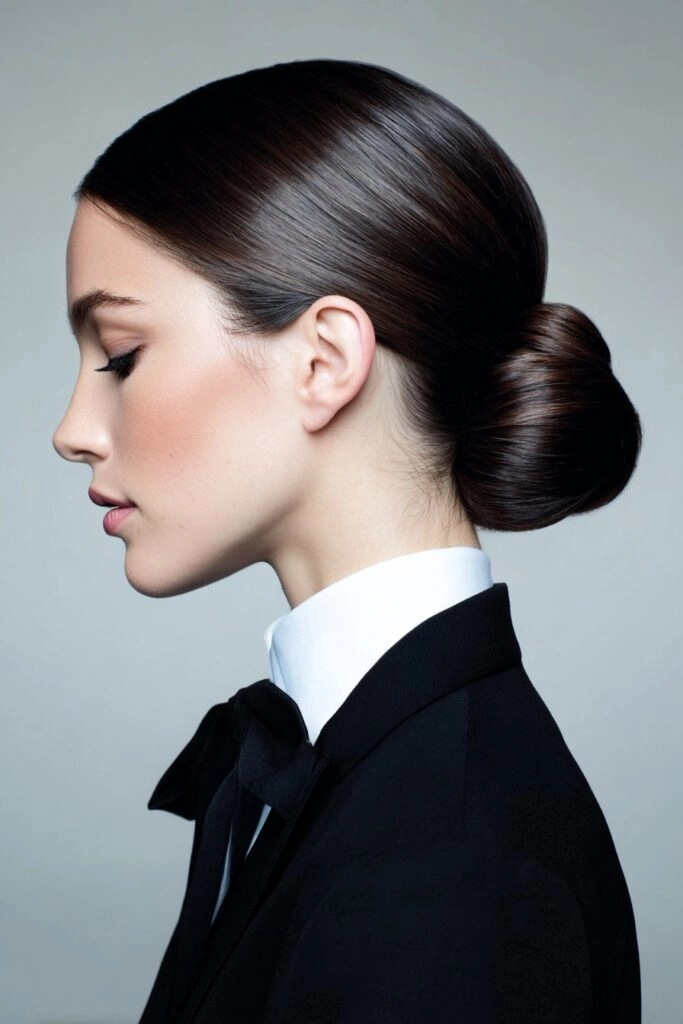 Image of a polished low bun with center part suitable for professional work environments Sleek middle part low bun hairstyle for executive business presentations, front view