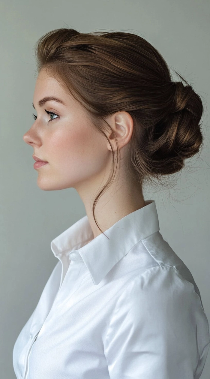 Female executive with refined updo chignon hairstyle