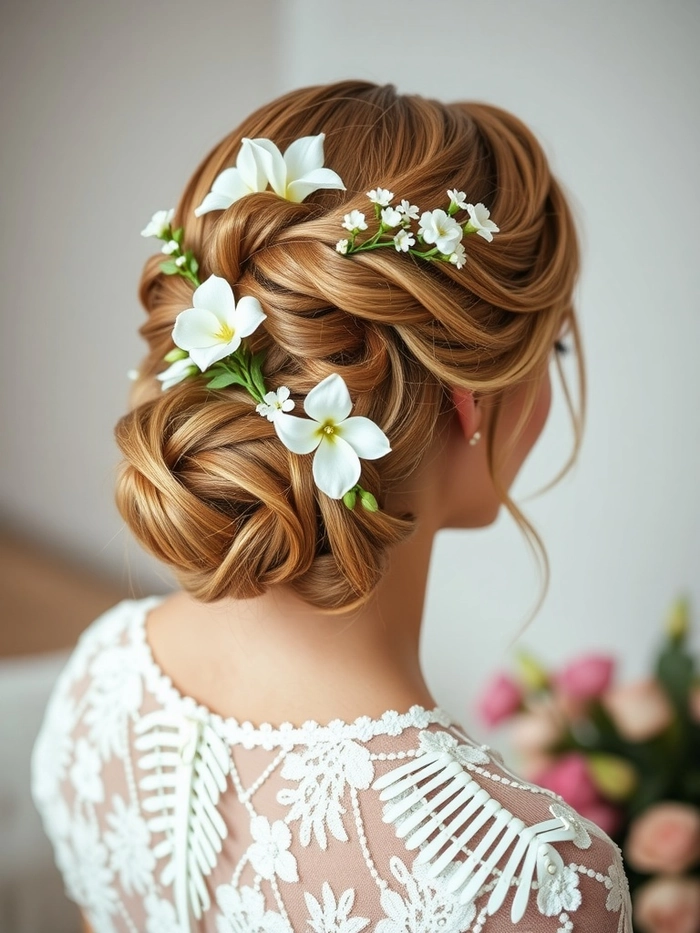 A woman in a casual office outfit with a spring floral hair clip accenting her low ponytail