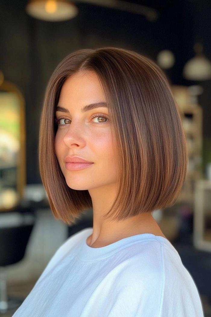 Tips for maintaining a sleek bob during nine to five shifts Straightened bob hairstyle being touched up for office workday upkeep
