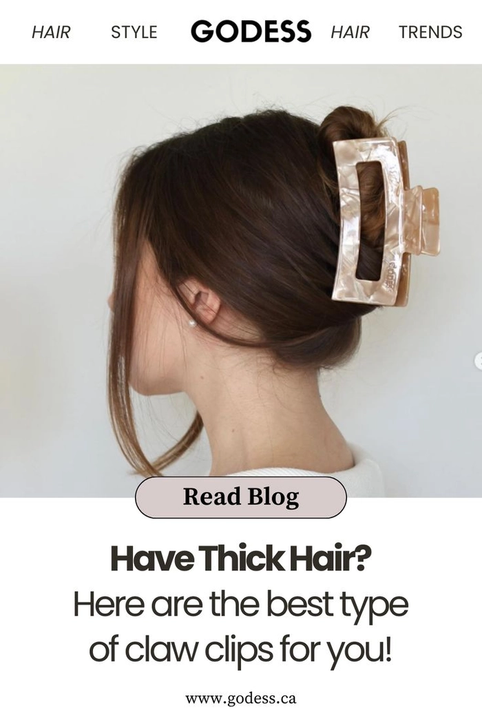 Thick work hair secured with a large claw clip, sizing guide diagram