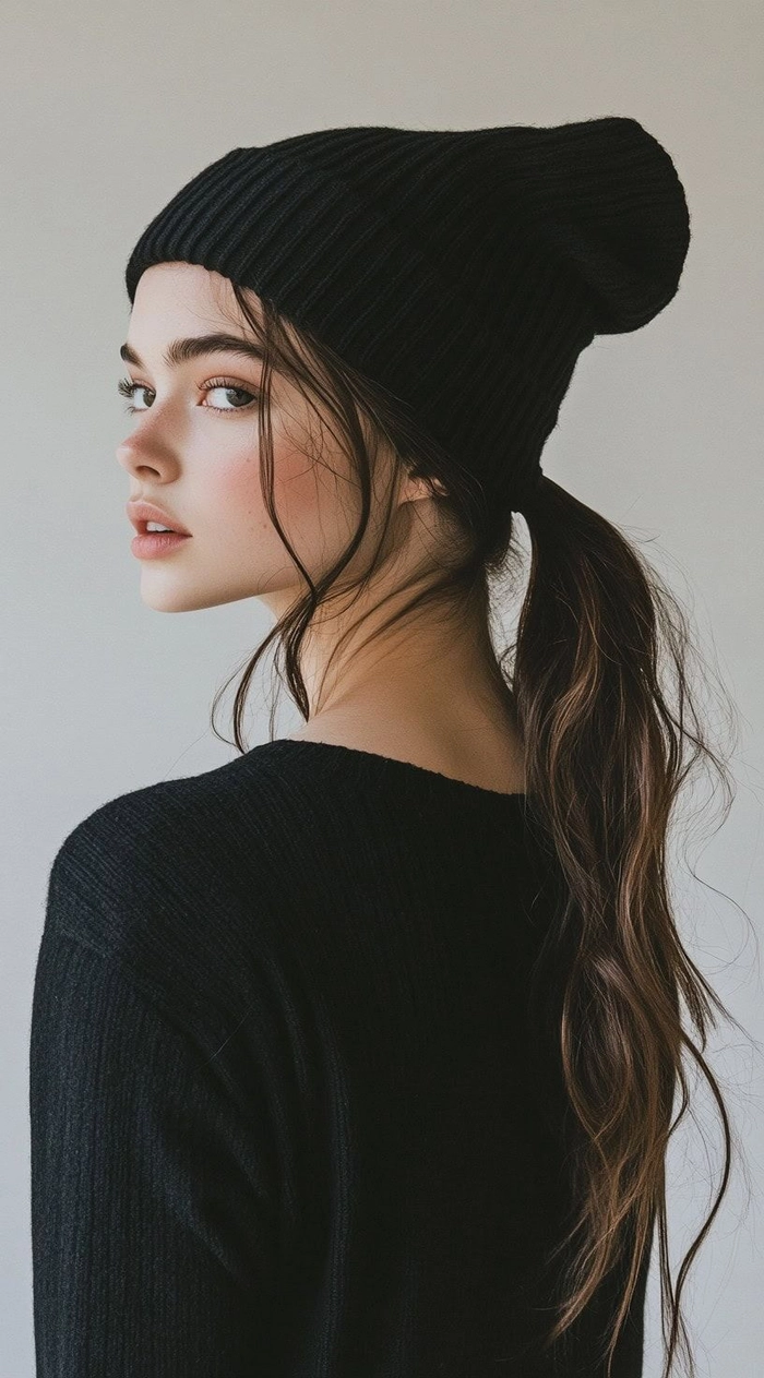 How to fix hat hair quickly for a polished office appearance Woman smoothing her hair after removing a winter hat, ready for a professional look